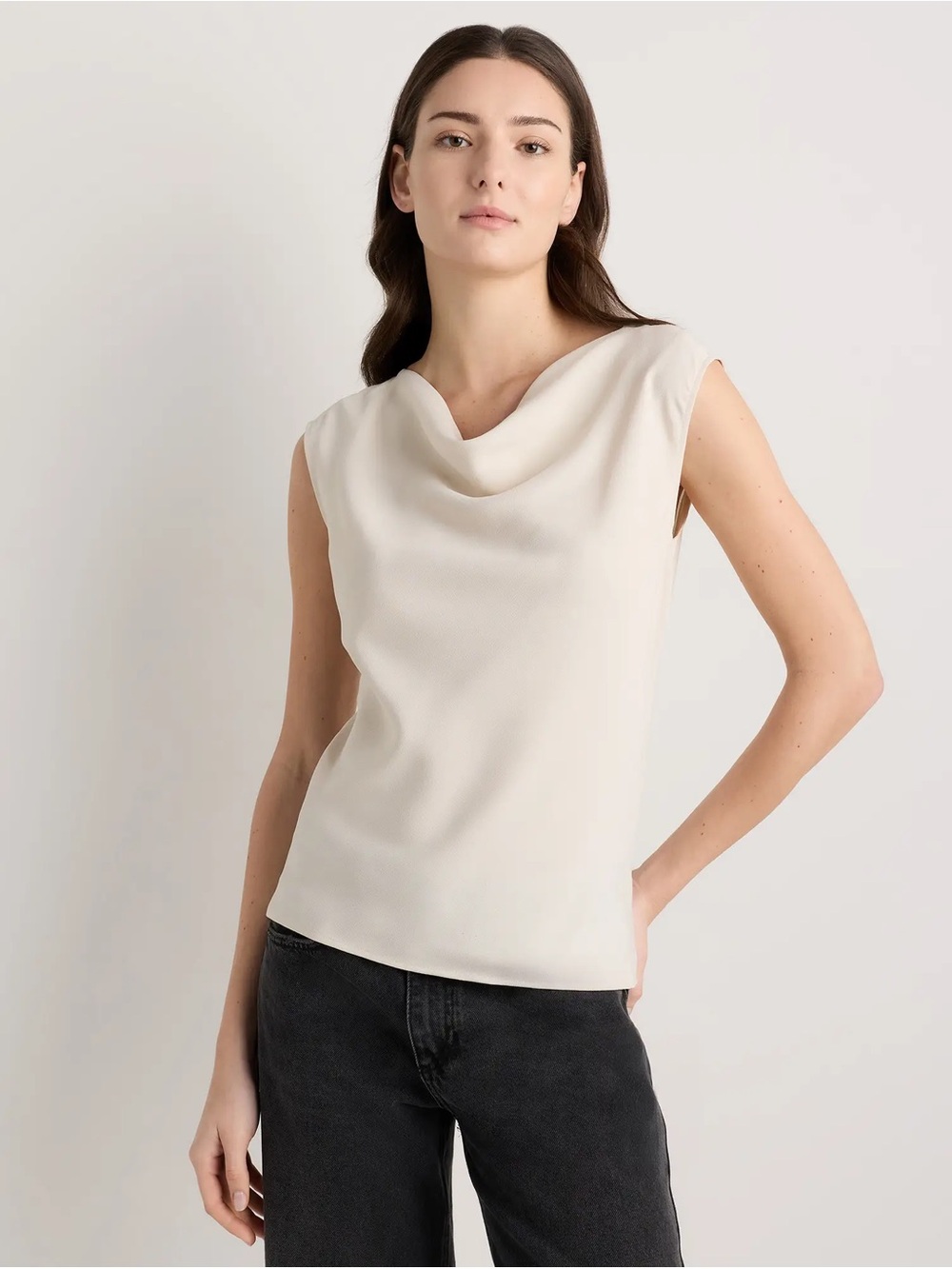 Quince Draped Matte Cowl Neck Sleeveless Top in Porcelain Ivory XS